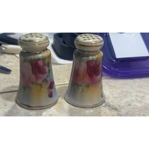 Hand Painted Nippon Salt Pepper Shakers Floral Roses Gold Trim Vintage